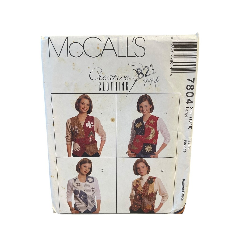 McCALL'S Sewing Pattern Misses Large 7804 Lined Vest Applique Vintage 1990s